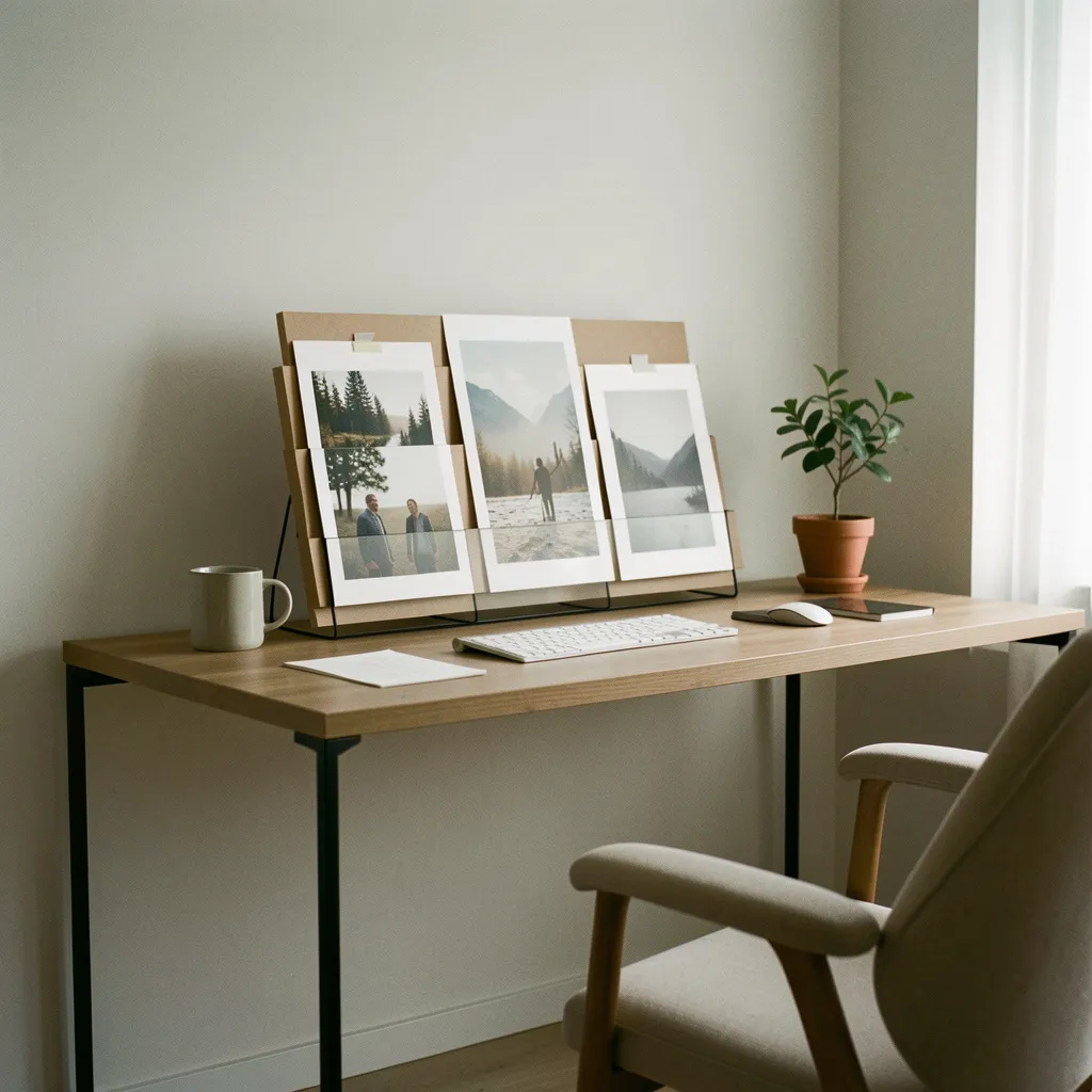 Display stand on minimalist desk in contemporary office