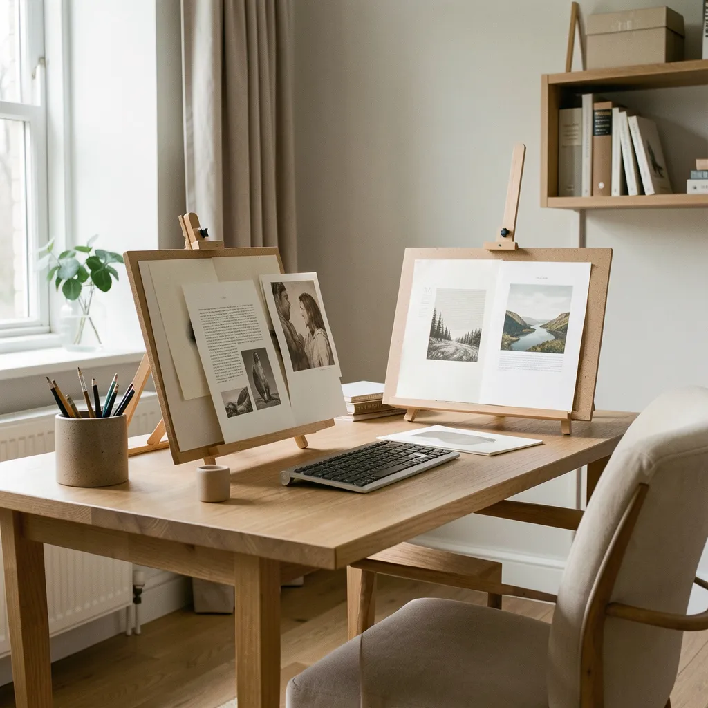 Easel in library reading room with reference materials